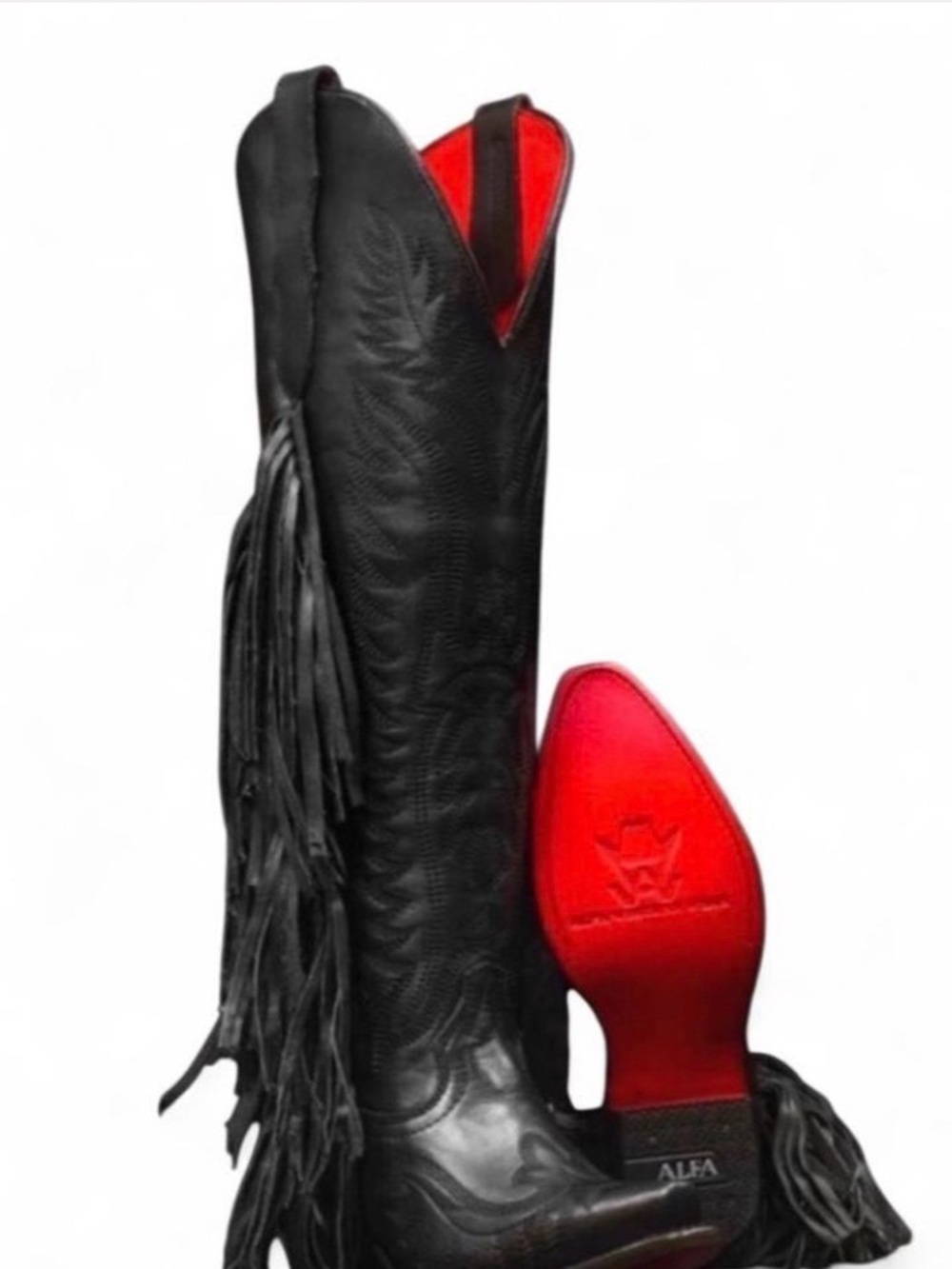 Alfa Western Wear black leather cowboy boots with fringe and red sole Size 7
